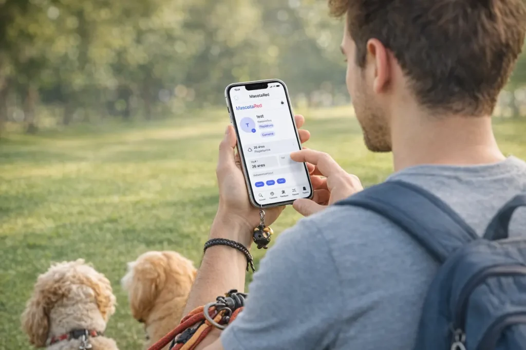 Cuidador de mascotas usando MascotaRed en el móvil mientras pasea perros en el parque
