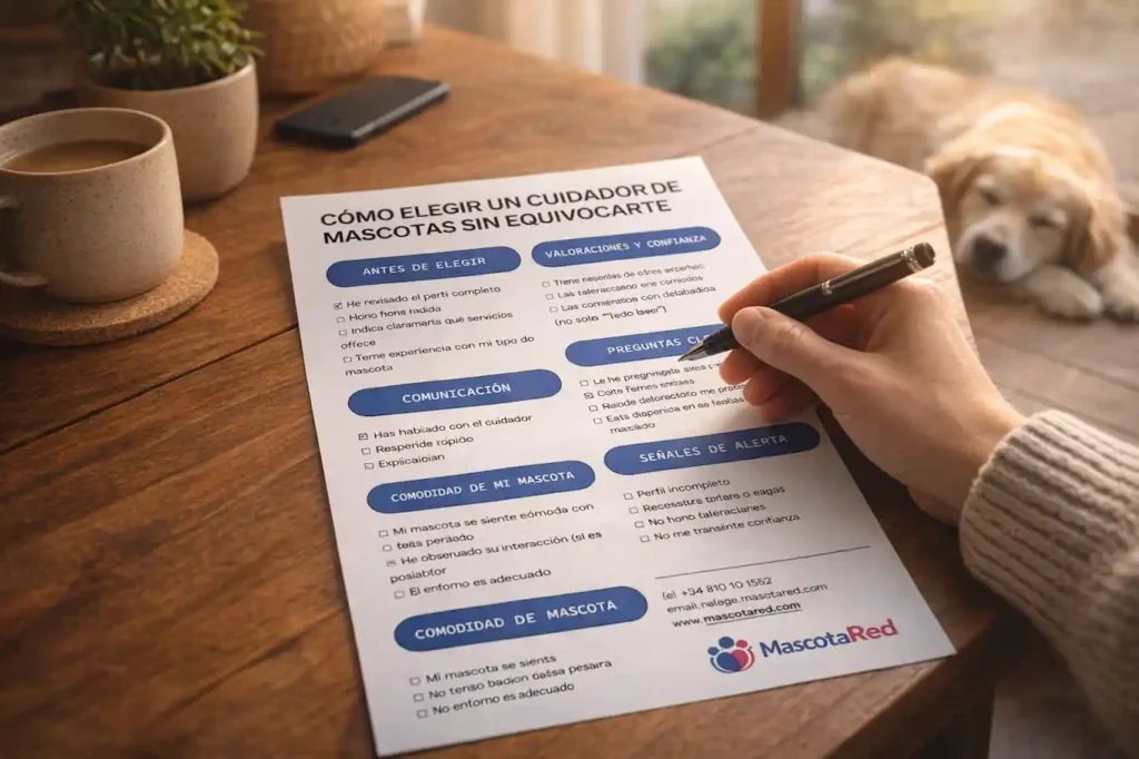 A close-up scene of a person sitting at a wooden table, calmly ticking boxes on a printed checklist with a pen. The paper looks like a clean, well-designed pet care checklist. A relaxed dog is lying next to the table or resting nearby. Natural daylight coming through a window, warm tones, cozy home environment, realistic style, shallow depth of field, focus on the hand and checklist, soft blurred background.