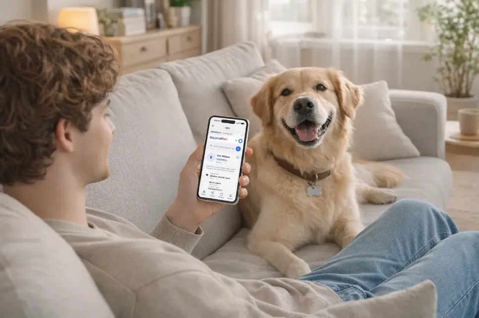 A young adult sitting comfortably on a sofa at home, using a smartphone to choose a pet caregiver. A happy dog is sitting next to them, relaxed and calm. The phone screen shows a clean app interface with caregiver profiles and ratings. Bright natural lighting, modern home interior, warm and positive atmosphere, realistic style, shallow depth of field.