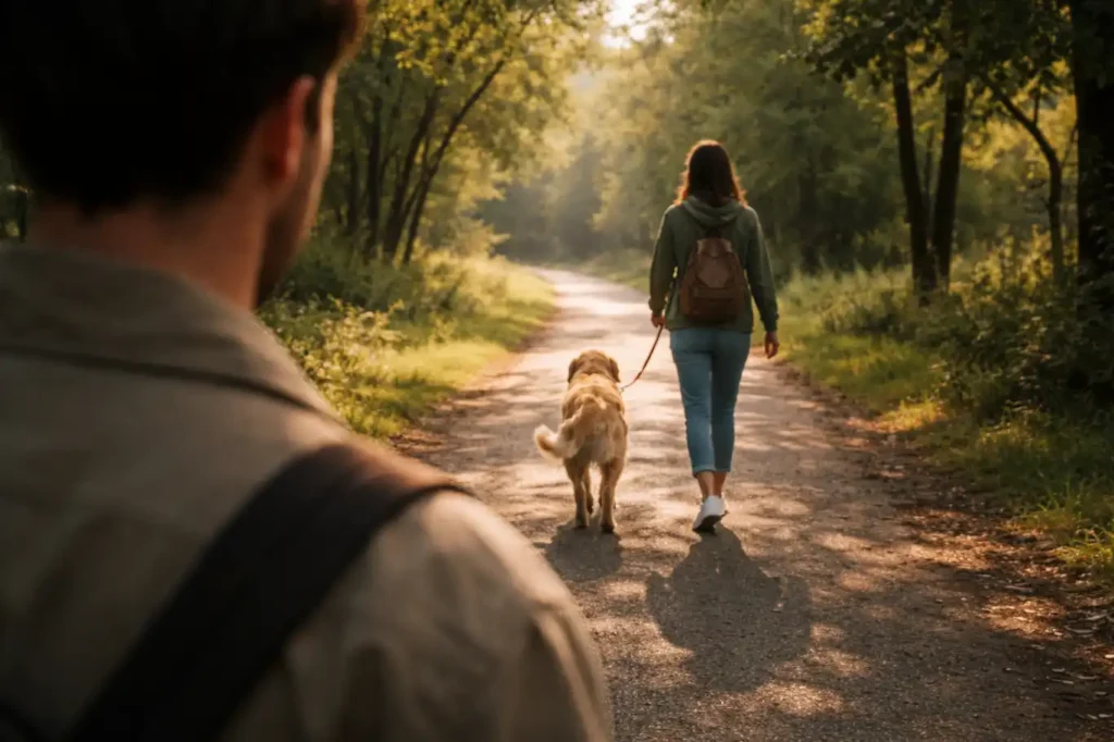 Una persona paseando a un perro por un sendero del bosque mientras otra persona la observa desde atrás