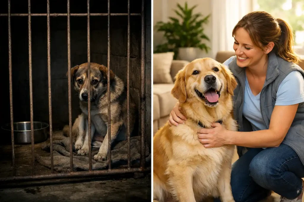 A split-screen scene showing two different pet care situations. On the left side, a stressed dog alone in a kennel in a dog shelter, looking anxious and neglected, low lighting. On the right side, a happy dog sitting next to a friendly caregiver in a bright, clean home, receiving attention and care. Warm lighting, natural environment, emotional contrast, realistic style.