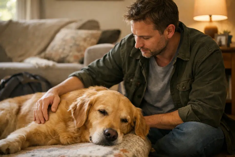 Hombre observando a su perro relajado en casa para comprobar si está bien cuidado