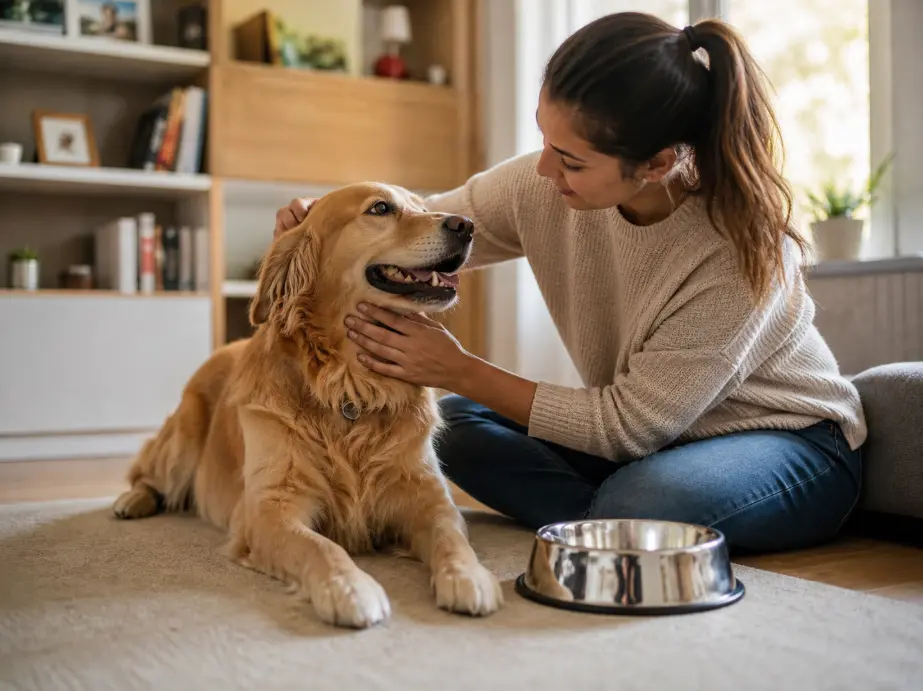 Persona cuidando a su perro en un entorno seguro y cómodo